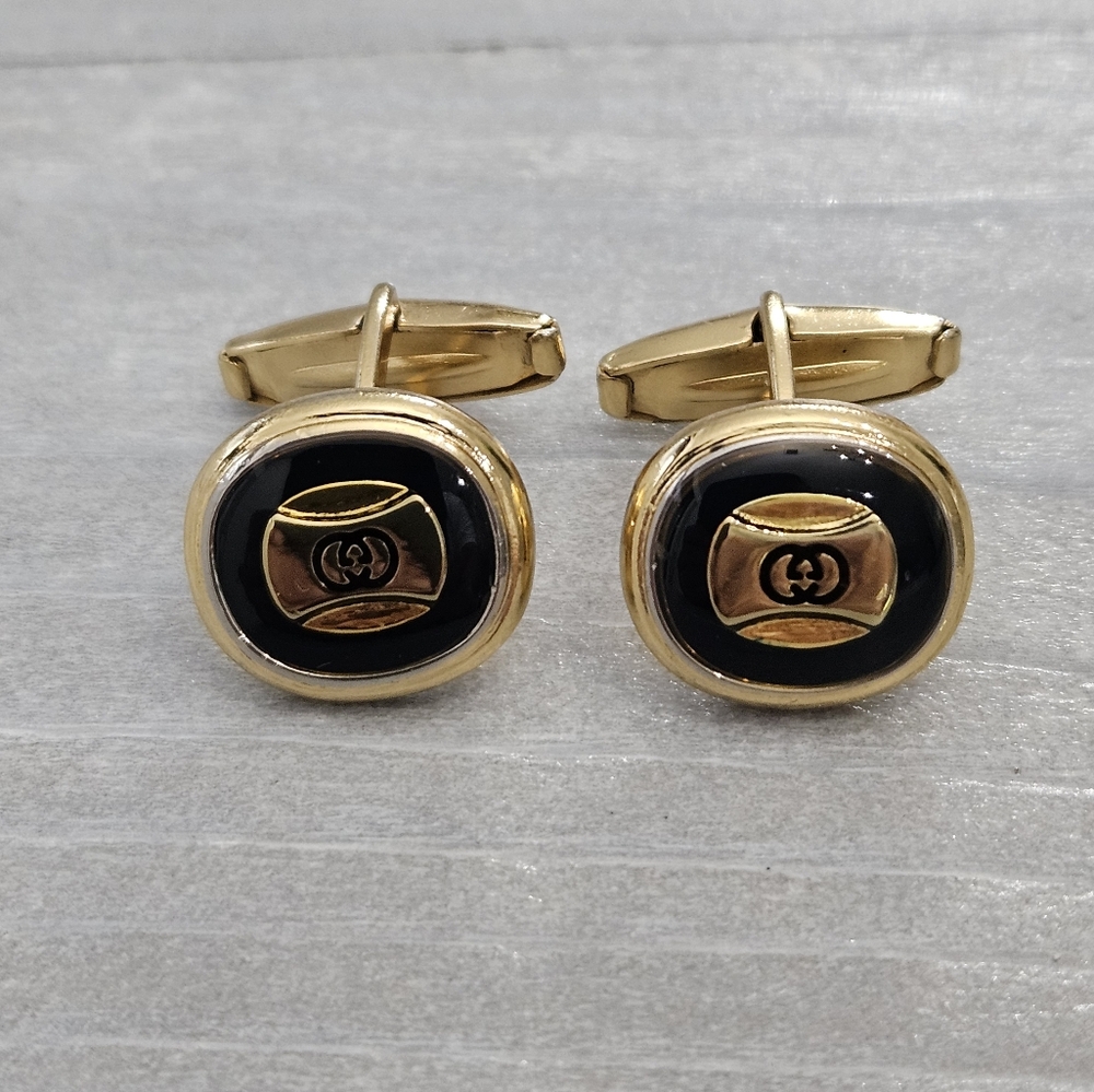 Vintage Gucci Cufflinks Enamel Black & Gold